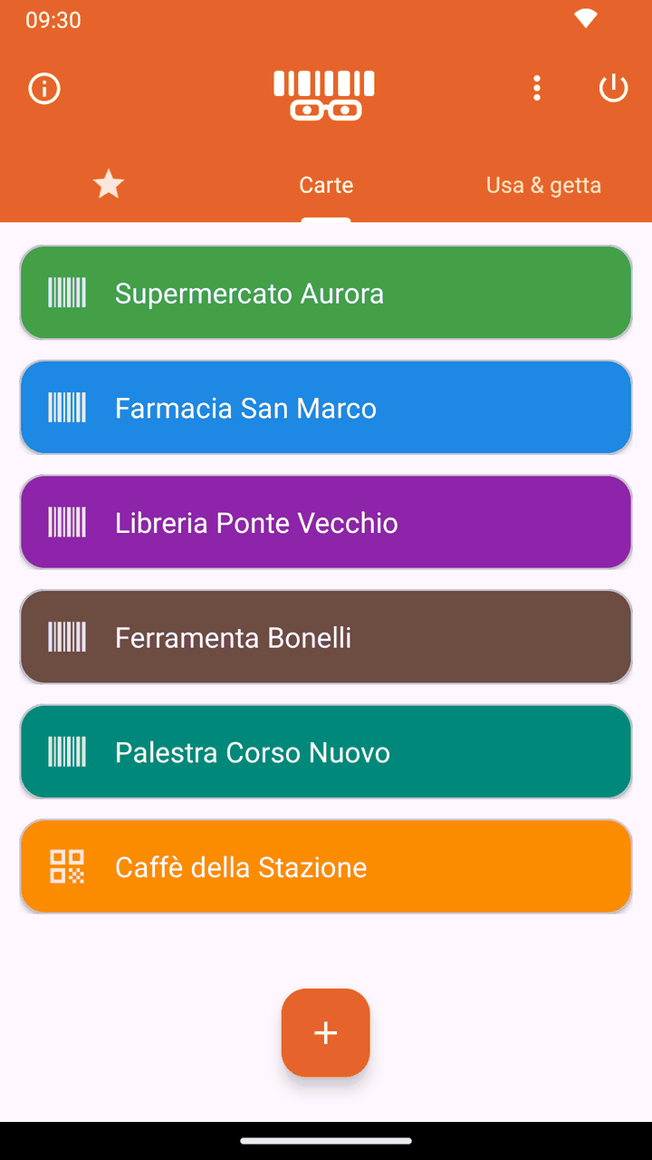 Schermata di OpenCard con sei tessere fedeltà di esempio